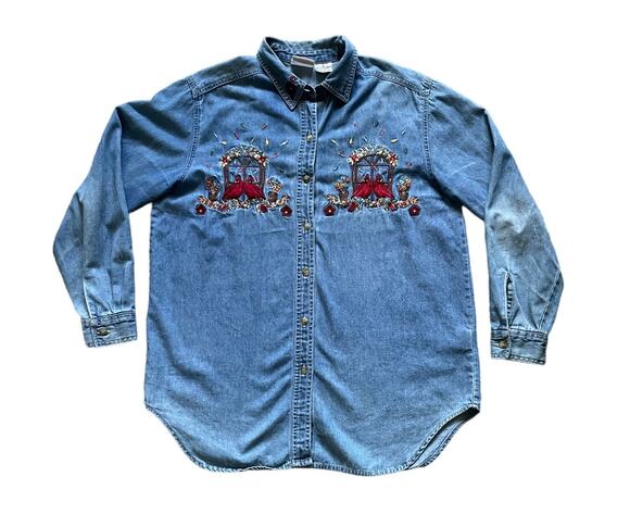 Bobbie brooms Tops - Vintage Chambray Womens Cardinal Birdhouse Denim Shirt Size Small Cotton Farm